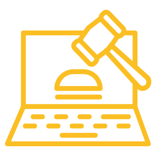 Yellow outline icon of a laptop with a judge’s gavel, symbolizing online legal services, digital notarization, or electronic court actions.