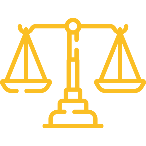 Yellow outline icon of balanced scales of justice, symbolizing law, fairness, and legal authority.