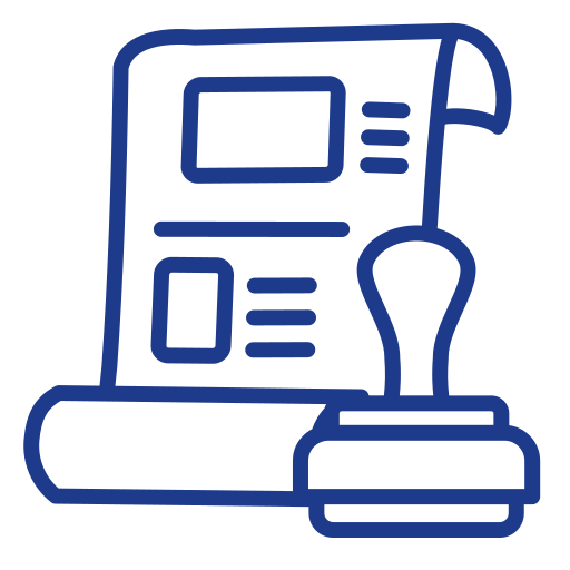 Blue outline icon of a rolled document beside a notary stamp, representing notarized paperwork or official document authentication.