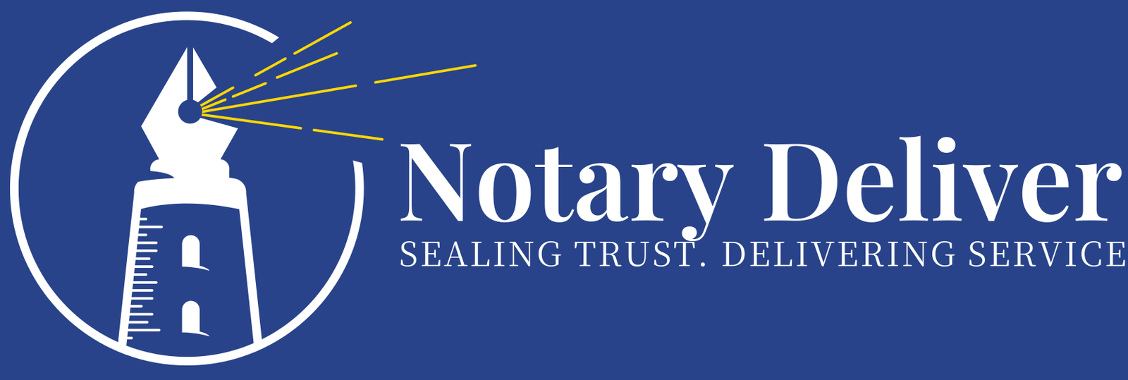 Notary Deliver logo on a blue background featuring a white lighthouse emitting gold light rays, alongside the text “Notary Deliver” and the tagline “Sealing Trust. Delivering Service.”