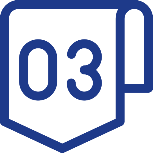 Blue icon of a document with the number “03” displayed, representing a step in a multi-stage process or workflow.