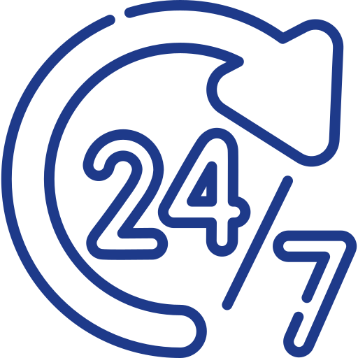 Blue outline icon showing a circular arrow around “24/7,” representing round-the-clock availability or 24/7 service.