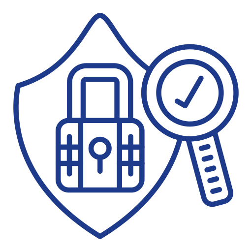 Blue outline icon of a shield with a padlock and a magnifying glass with a checkmark, representing secure verification, data protection, and trusted identity validation.
