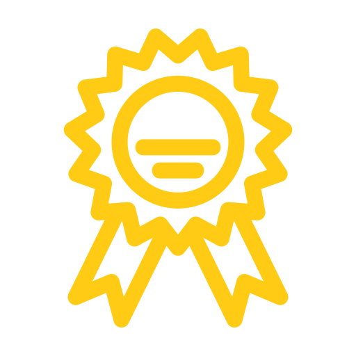 Yellow outline icon of a ribbon medal with an equal sign in the center, representing certification, official seal, or verified standard.