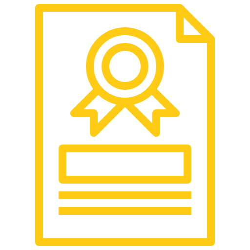Yellow outline icon of a document with a ribbon badge, representing certified, approved, or officially verified document.