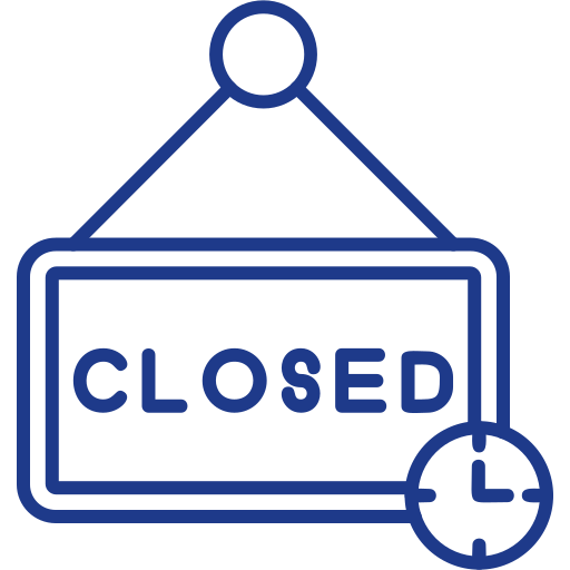 Blue outline icon of a hanging sign that says “Closed” with a small clock symbol, representing after-hours status or business not currently open.
