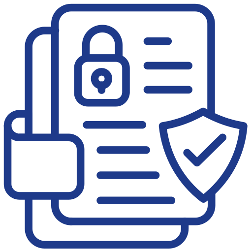 Blue outline icon of stacked documents with a padlock and shield checkmark, representing secure, protected, and verified digital documents or data privacy.
