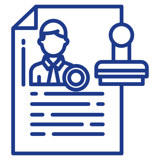 Blue outline icon of a document with a person profile and a stamp, representing identity verification, signer authentication, or notarized identification records.