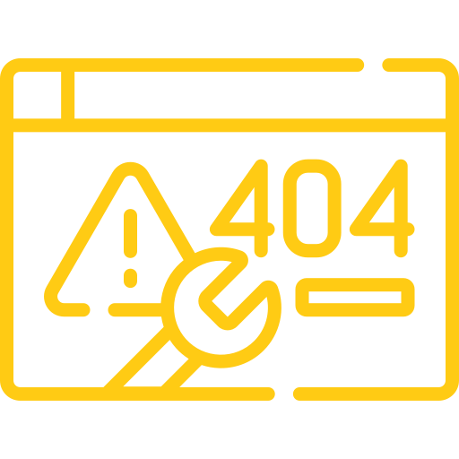 Yellow outline icon of a browser window showing “404” with a warning symbol and magnifying glass, representing page not found or error searching for a webpage.