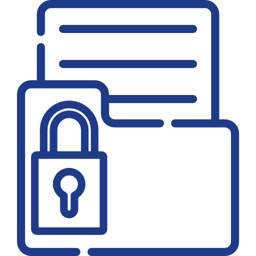 Blue outline icon of a folder and document with a padlock, representing secure file storage, protected documents, or confidential records.