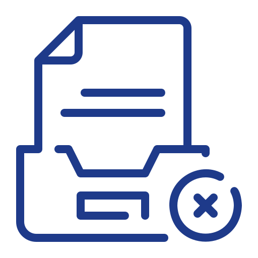 Blue outline icon of a document being removed from a folder with an “X,” representing document deletion, removal, or failed upload.