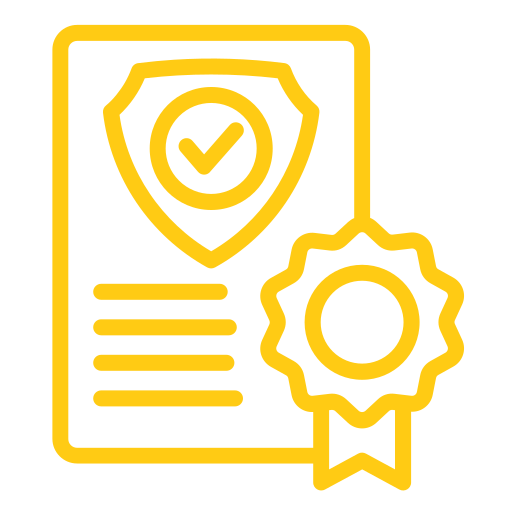 Yellow outline icon of a document with a shield checkmark and ribbon seal, representing certified, verified, and secure documentation.