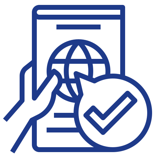 Blue outline icon of a hand touching a globe on a document with a checkmark, representing verified international access, global services, or worldwide document authentication.