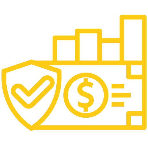 Yellow outline icon of a shield with a checkmark, a dollar sign coin, and bar chart, representing secure financial transactions, trusted payments, or verified financial services.