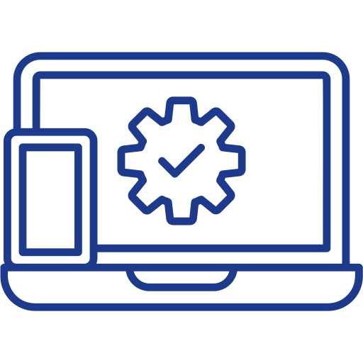 Blue outline icon of a laptop and smartphone displaying a gear with a checkmark, representing verified settings, system configuration, or secure digital services across devices.