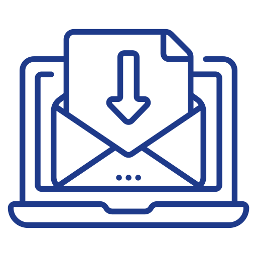 Blue outline icon of an envelope with a downward arrow on a document inside, displayed on a laptop screen, representing digital document delivery or email download.