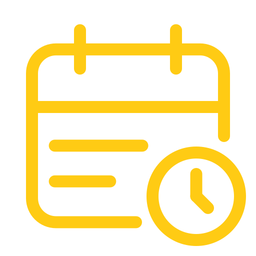 Yellow outline icon of a calendar with a clock, representing scheduling, appointment booking, or time-based availability.