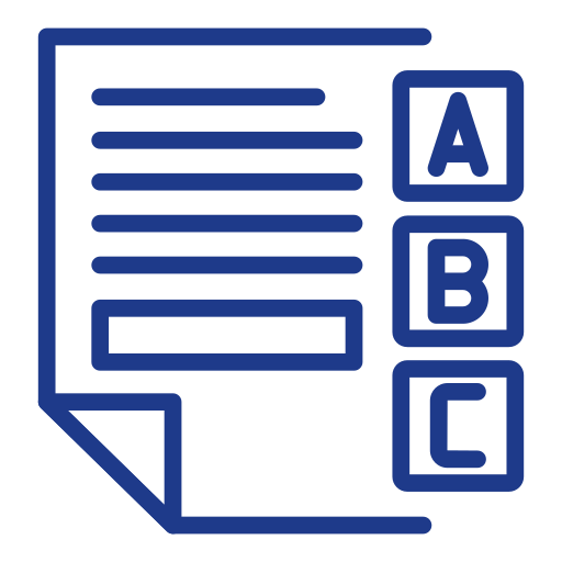 Blue outline icon of a document with A, B, and C blocks, representing multi-language support, document translation, or multiple format options.