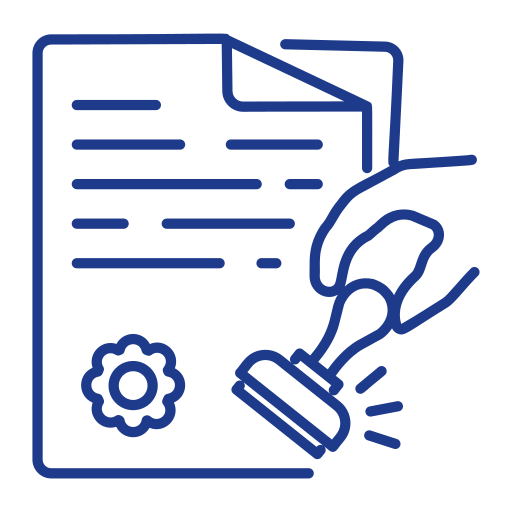 Blue outline icon of a document with a seal and a stamp, representing officially stamped, certified, or notarized paperwork.