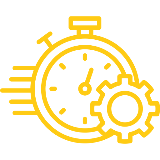 Yellow outline icon of a stopwatch with motion lines and a gear, representing fast, efficient, and automated processing or quick turnaround service.