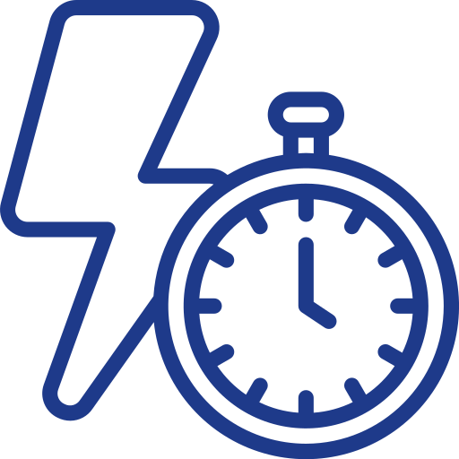 Blue outline icon of a stopwatch with a lightning bolt, representing fast turnaround, quick processing, or rapid service.