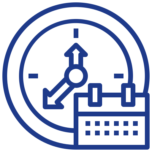 Blue outline icon of a clock with arrows and a calendar, representing flexible scheduling, appointment availability, or time-based booking.