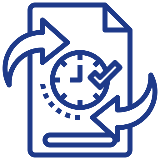 Blue outline icon of a document with circular arrows and a clock checkmark, representing document processing, turnaround time, or completed workflow.