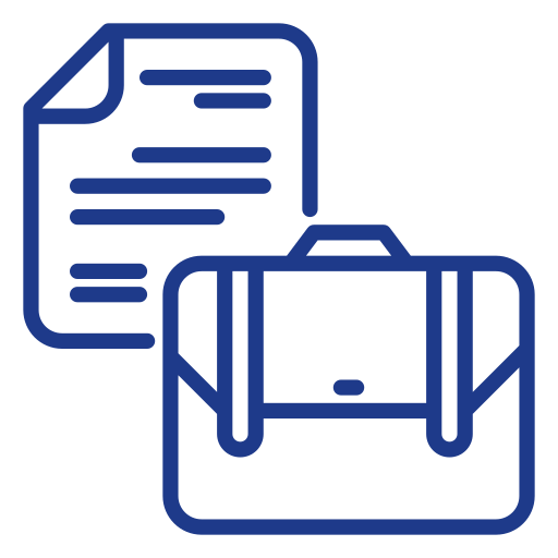 Blue outline icon of a document next to a briefcase, representing business documents, professional services, or corporate paperwork.