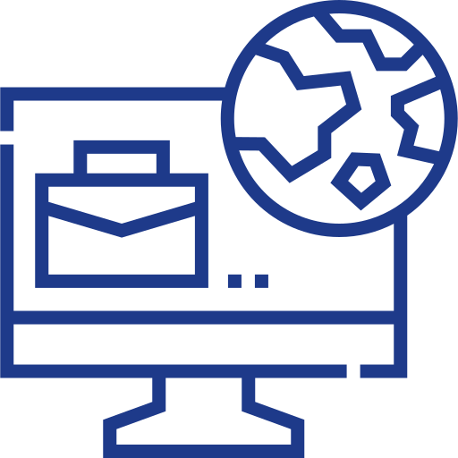 Blue outline icon of a desktop computer displaying a briefcase and a globe, representing global business services, international access, or worldwide digital operations.